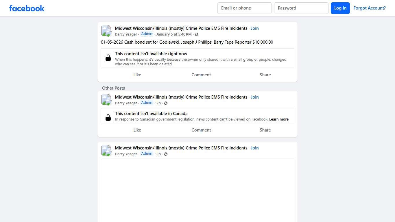 Midwest Wisconsin/Illinois (mostly) Crime Police EMS Fire Incidents 01-05-2026 Cash bond set for Godlewski, Joseph J Phillips, Barry Tape Reporter $10,000.00 Facebook
