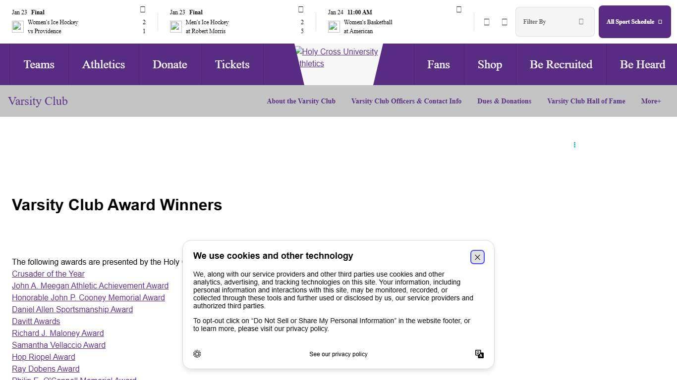 Varsity Club Award Winners - Holy Cross Athletics